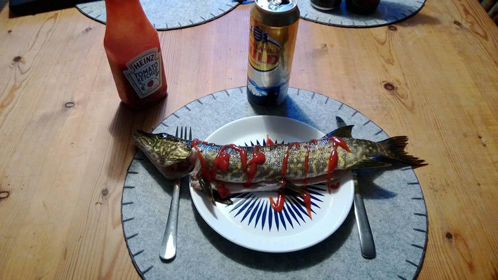 Намазывание щуки кетчупом Щука и кетчуп